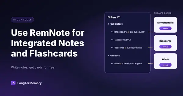 Cover: an outline of notes where lines with a double colon become flashcards in today's review