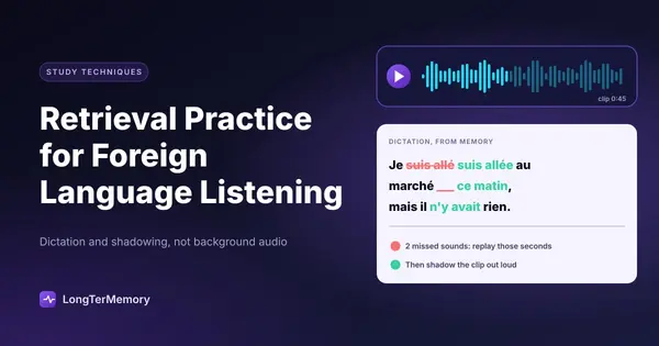 Cover: a 45-second audio clip and a French dictation from memory with the missed words corrected