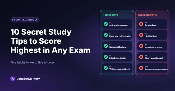 Cover: five habits of top scorers, like self-testing and interleaving, next to five common mistakes like re-reading and highlighting