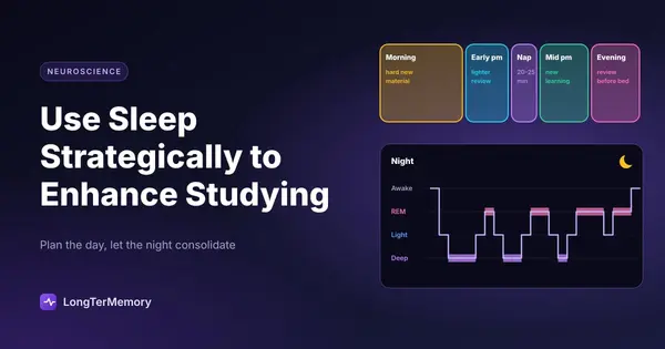 Cover: a study day planned around sleep with a strategic nap, and a night of sleep cycles with deep and REM sleep