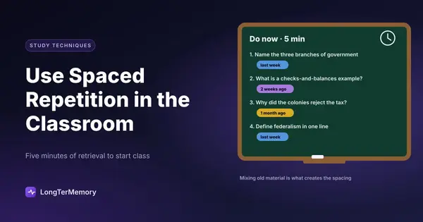 Cover: a classroom board with a five-minute warm-up of retrieval questions from last week, two weeks ago and a month ago