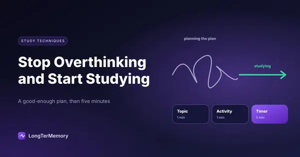 Cover: a tangled line of overthinking straightening into an arrow, with a one-minute topic, one-minute activity and five-minute timer