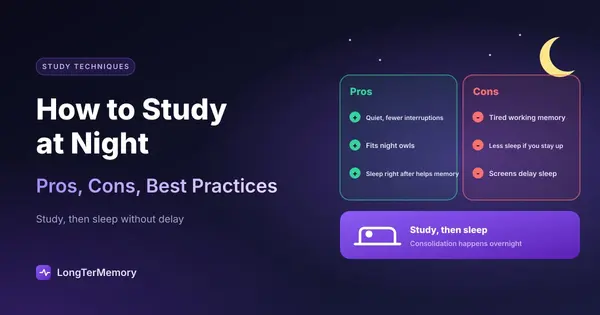 Cover: pros and cons of studying at night, with the rule to sleep right after studying