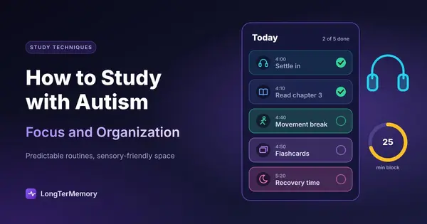 Cover: visual study schedule with time blocks, movement break and recovery time, headphones and a timer