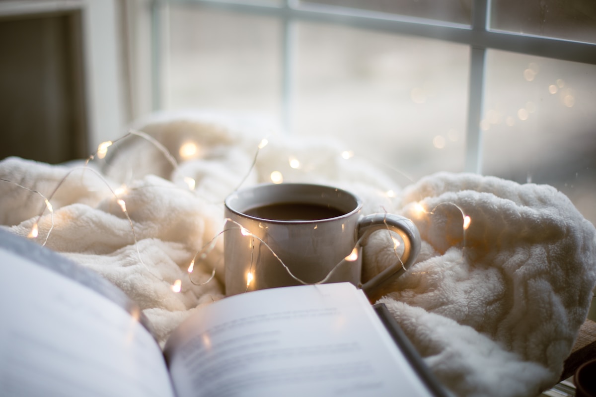 Open book and a warm drink on a cozy blanket by a window, a restful home study setting