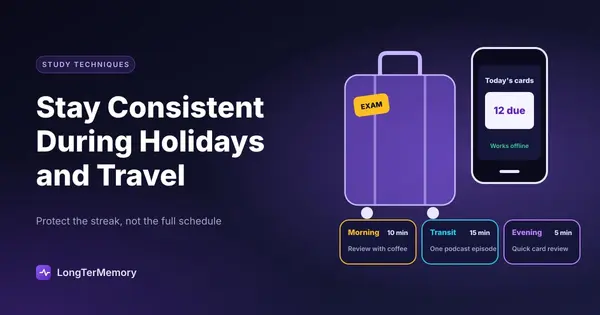 Cover: a suitcase and a phone with offline flashcards, plus a minimal morning, transit and evening routine