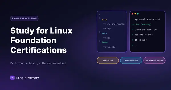 Cover: a Linux filesystem tree next to a terminal with system administration commands