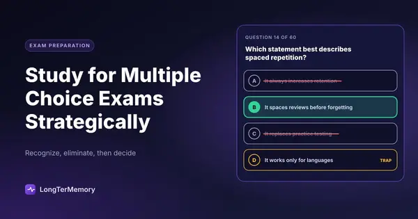 Cover: a multiple choice question with two options eliminated, a trap flagged and the best answer chosen