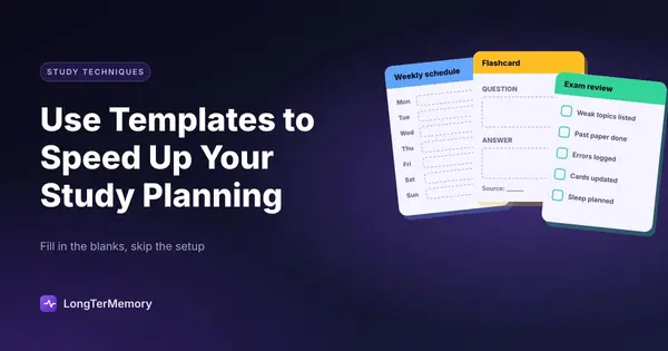 Cover: three blank templates for a weekly schedule, a flashcard and an exam review checklist