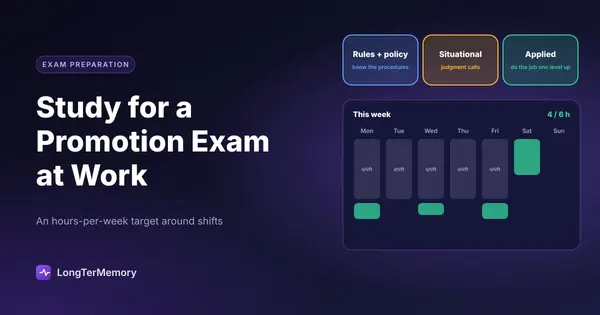 Cover: what promotion exams test, and a week of study blocks fitted around work shifts toward an hours target