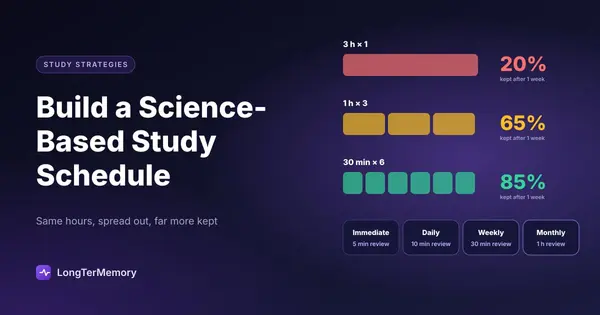 Cover: three hours studied in one, three or six sessions, kept at 20%, 65% and 85% after a week, plus review levels