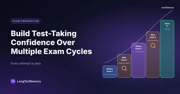 Cover: a staircase of exam cycles alternating preparation and diagnosis, with confidence rising over time