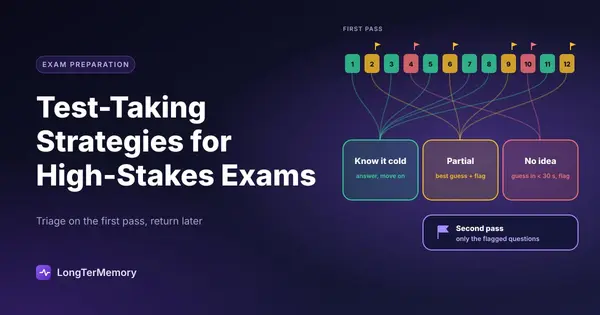 Cover: exam questions triaged on the first pass into know it cold, partial and no idea, then a second pass on flagged ones