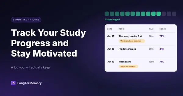 Cover: a streak of logged study days above a study log with dates, topics, time, scores and weak areas
