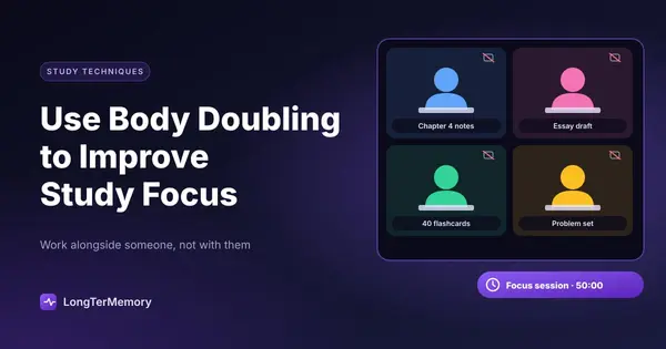 Cover: a video call grid of four people studying quietly during a shared 50-minute focus session