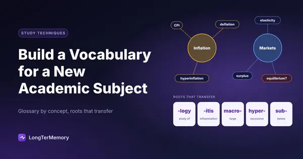 Cover: a glossary organized by concept clusters with an unclear term flagged, and word roots that transfer