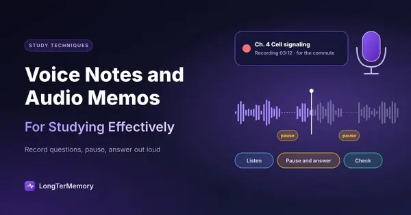 Cover: a study voice memo waveform with pauses for answering out loud, a microphone and listen, answer, check steps