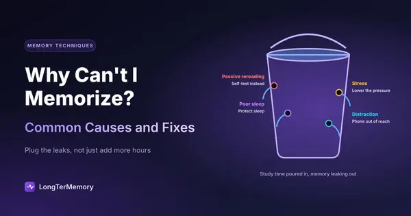 Cover: a leaking bucket of study time with holes for passive rereading, poor sleep, stress and distraction
