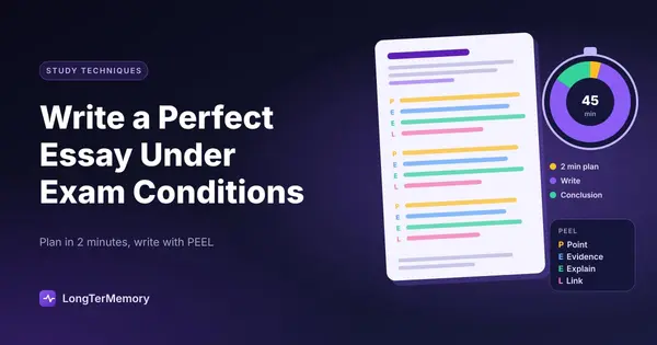 Cover: exam essay sheet color coded with the PEEL model next to a 45 minute stopwatch